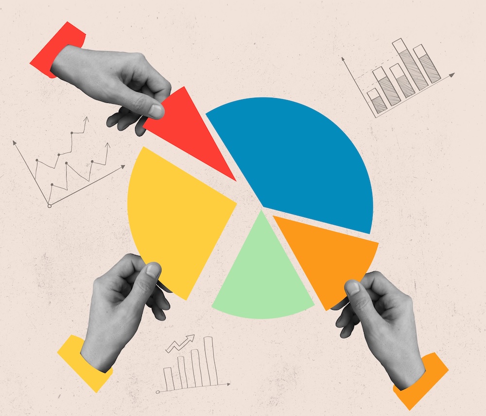 Collage of hands pulling a pie chart apart